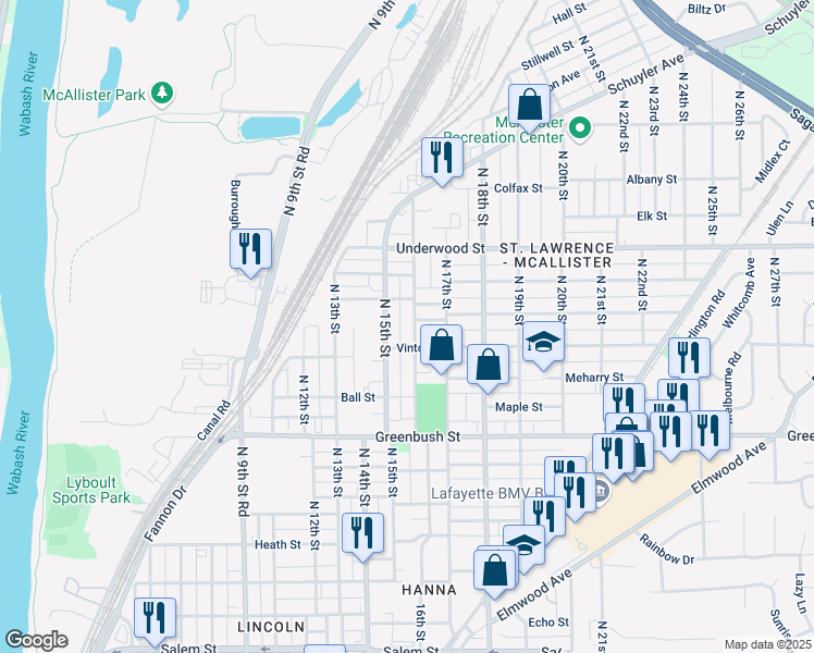 map of restaurants, bars, coffee shops, grocery stores, and more near 1821 North 16th Street in Lafayette