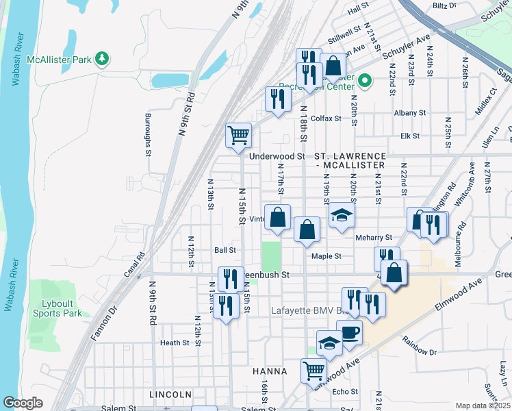 map of restaurants, bars, coffee shops, grocery stores, and more near 1821 North 16th Street in Lafayette