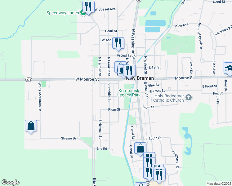 map of restaurants, bars, coffee shops, grocery stores, and more near 28 South Main Street in New Bremen