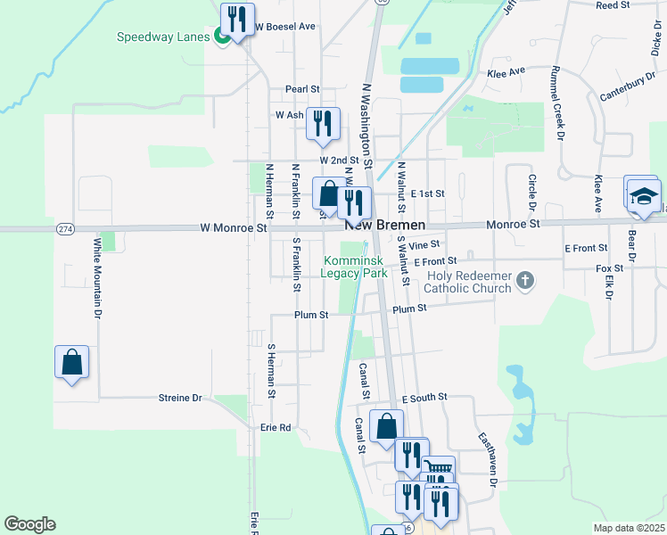 map of restaurants, bars, coffee shops, grocery stores, and more near 28 S Main St in New Bremen
