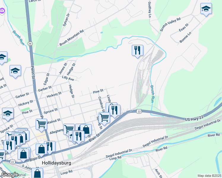 map of restaurants, bars, coffee shops, grocery stores, and more near 1506 Pine Street in Hollidaysburg