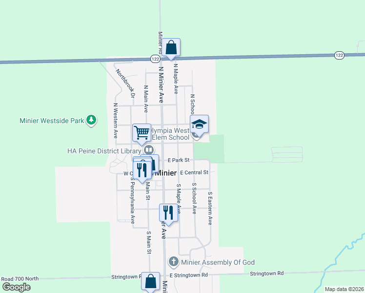 map of restaurants, bars, coffee shops, grocery stores, and more near 214 N Maple Ave in Minier