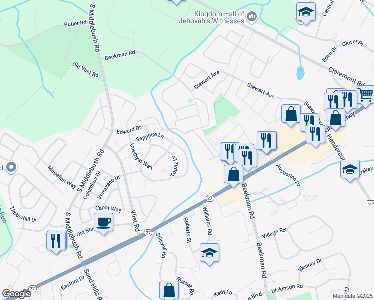 map of restaurants, bars, coffee shops, grocery stores, and more near 159 Sapphire Lane in Franklin Township