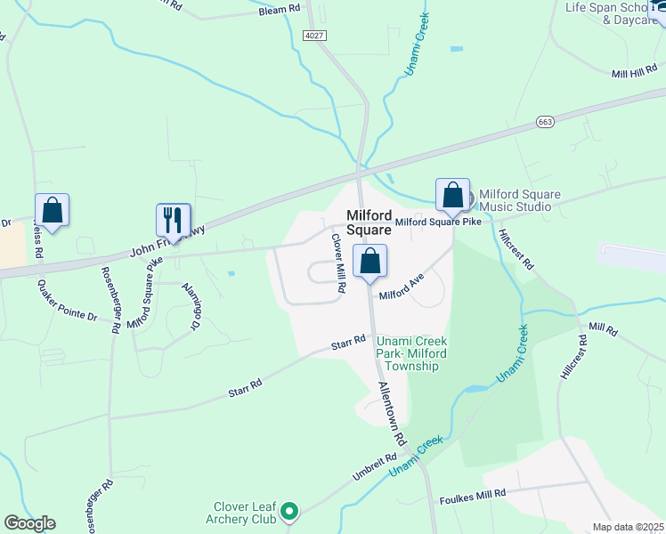 map of restaurants, bars, coffee shops, grocery stores, and more near 2103 Mill Valley Lane in Quakertown