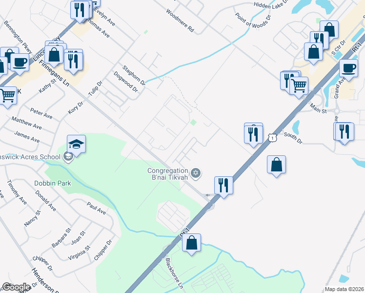 map of restaurants, bars, coffee shops, grocery stores, and more near 103 Sassafras Court in North Brunswick Township