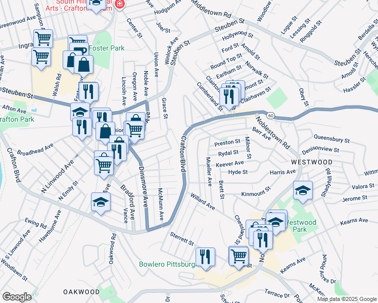 map of restaurants, bars, coffee shops, grocery stores, and more near 253 Clearview Avenue in Crafton
