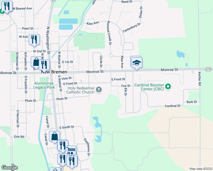map of restaurants, bars, coffee shops, grocery stores, and more near 503 E Front St in New Bremen