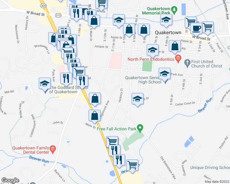 map of restaurants, bars, coffee shops, grocery stores, and more near 14 Moores Court in Quakertown