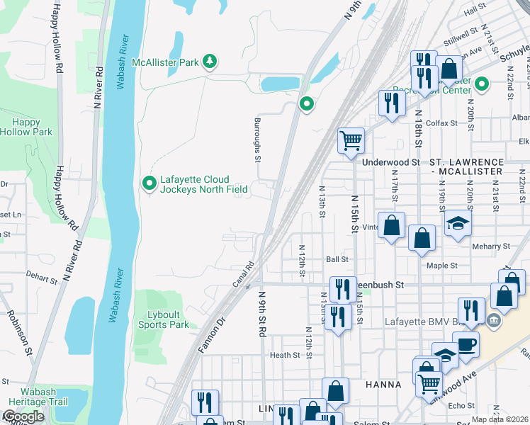 map of restaurants, bars, coffee shops, grocery stores, and more near 1714 North 9th Street in Lafayette