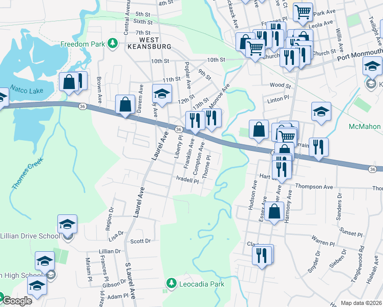 map of restaurants, bars, coffee shops, grocery stores, and more near 44 Franklin Avenue in Keansburg