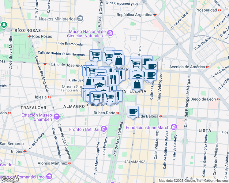 map of restaurants, bars, coffee shops, grocery stores, and more near 43 Paseo de la Castellana in Madrid