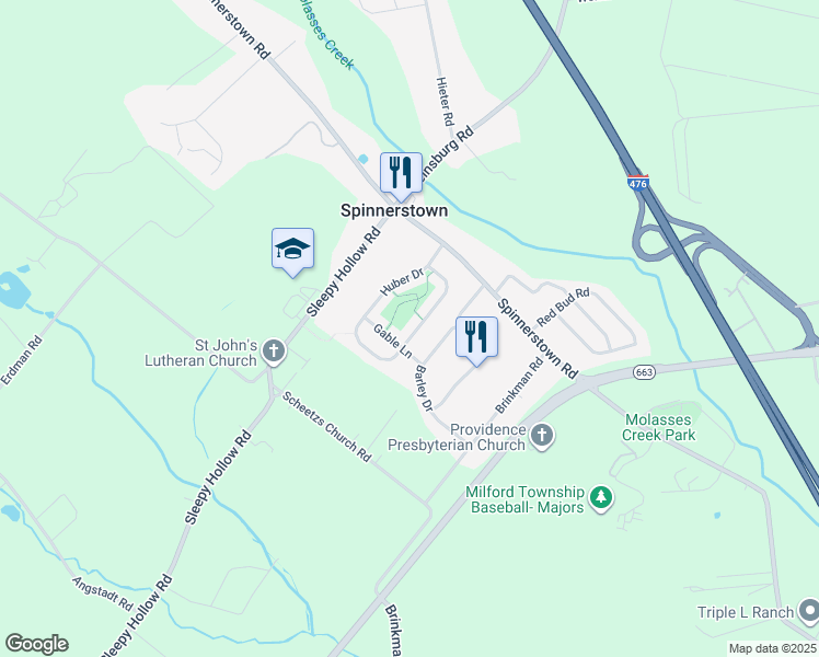 map of restaurants, bars, coffee shops, grocery stores, and more near 2017 Huber Drive in Quakertown