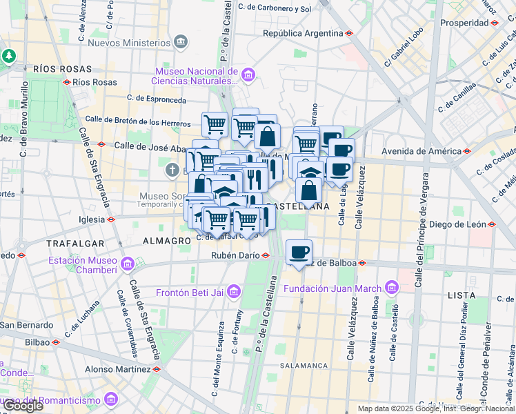 map of restaurants, bars, coffee shops, grocery stores, and more near 43 Paseo de la Castellana in Madrid