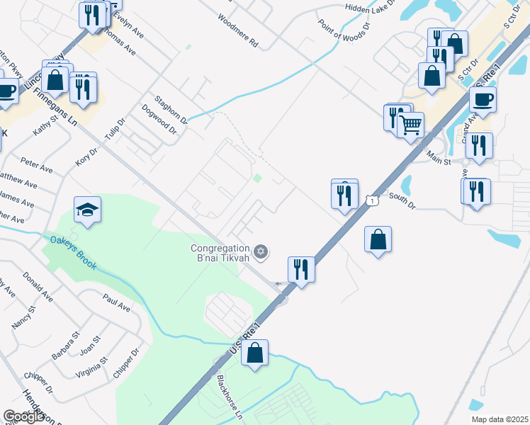 map of restaurants, bars, coffee shops, grocery stores, and more near 80 Sassafras Court in North Brunswick Township