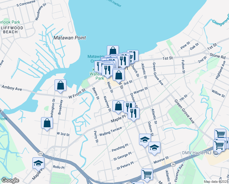 map of restaurants, bars, coffee shops, grocery stores, and more near 65 Main Street in Keyport