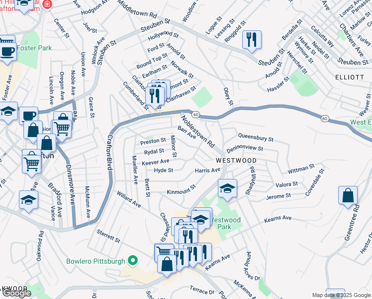 map of restaurants, bars, coffee shops, grocery stores, and more near 1333 Preston St in Pittsburgh