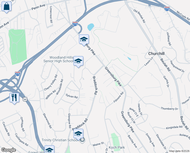 map of restaurants, bars, coffee shops, grocery stores, and more near 994 Braddock Road in Pittsburgh