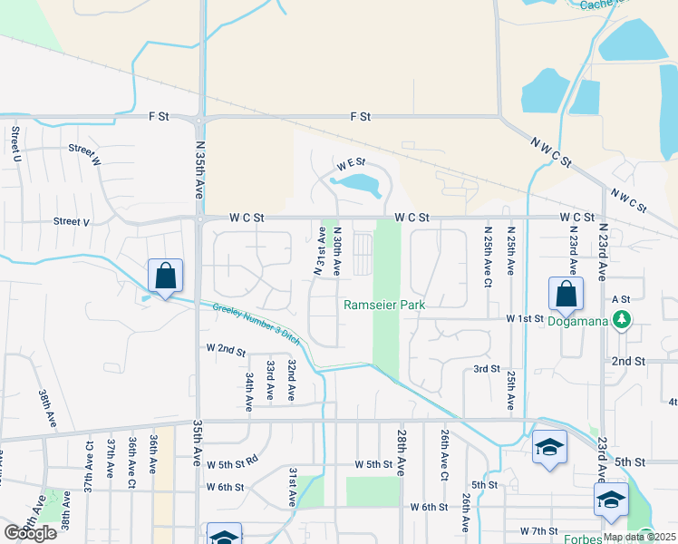 map of restaurants, bars, coffee shops, grocery stores, and more near 35 North 30th Avenue in Greeley