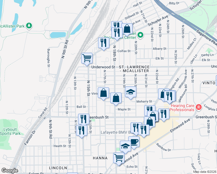 map of restaurants, bars, coffee shops, grocery stores, and more near 1709 Perrine St in Lafayette