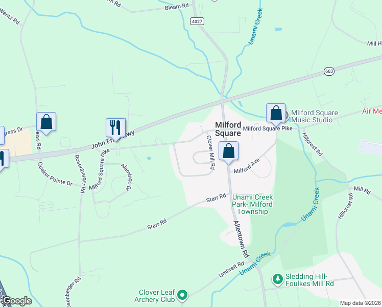 map of restaurants, bars, coffee shops, grocery stores, and more near 2124 Mill Valley Lane in Quakertown