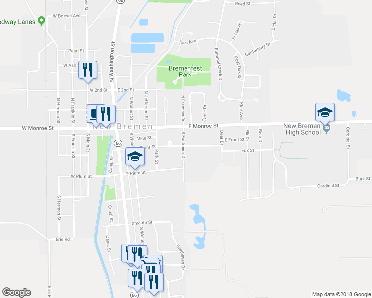 map of restaurants, bars, coffee shops, grocery stores, and more near 403 East Front Street in New Bremen