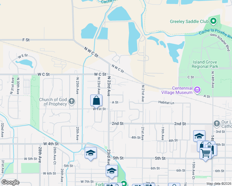 map of restaurants, bars, coffee shops, grocery stores, and more near 2213 A Street Road in Greeley