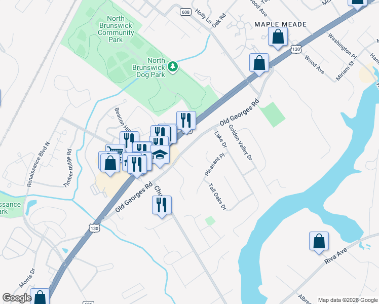 map of restaurants, bars, coffee shops, grocery stores, and more near 406 County Road 695 in North Brunswick Township