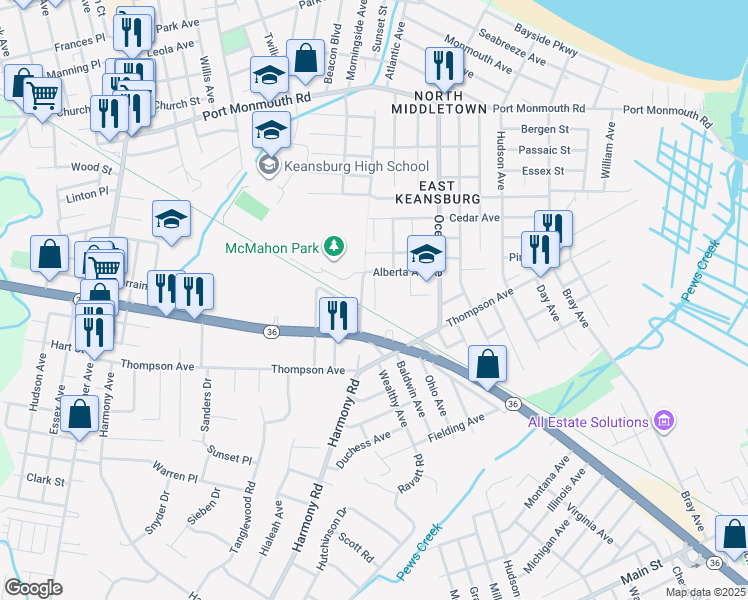 map of restaurants, bars, coffee shops, grocery stores, and more near 21 Grant Place in Middletown Township