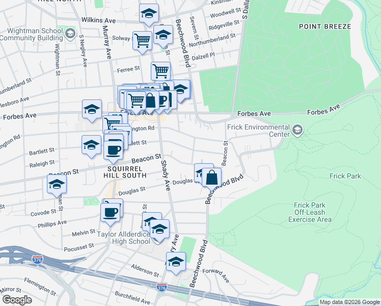 map of restaurants, bars, coffee shops, grocery stores, and more near 6420 Bartlett Street in Pittsburgh