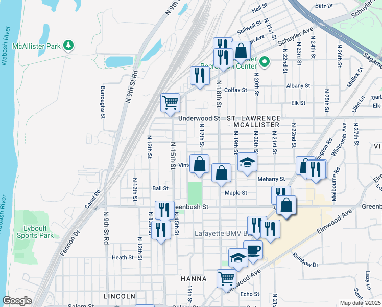 map of restaurants, bars, coffee shops, grocery stores, and more near 1821 N 16th St in Lafayette