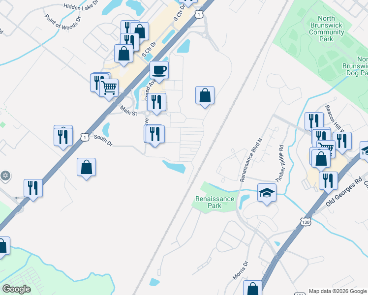 map of restaurants, bars, coffee shops, grocery stores, and more near 6 Bond Street in North Brunswick Township