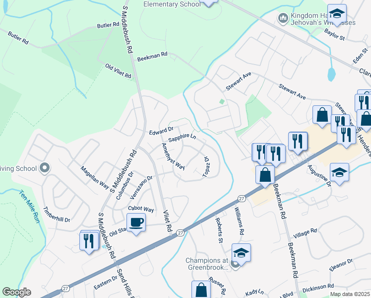 map of restaurants, bars, coffee shops, grocery stores, and more near 135 Topaz Drive in Franklin Township