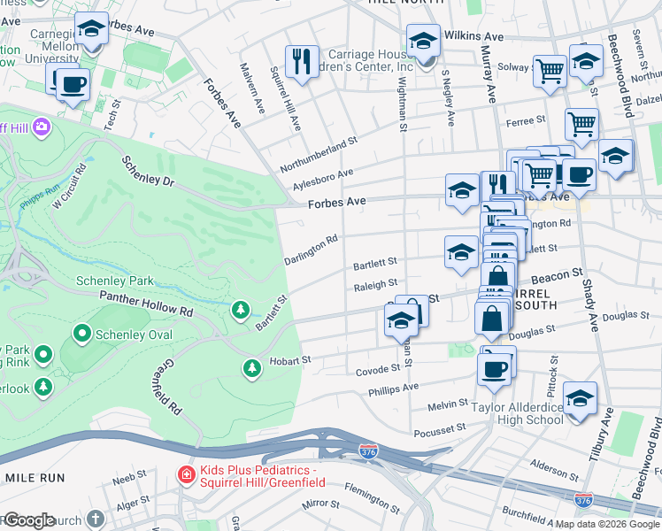 map of restaurants, bars, coffee shops, grocery stores, and more near 5440 Darlington Road in Pittsburgh