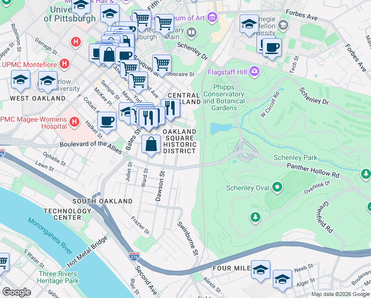 map of restaurants, bars, coffee shops, grocery stores, and more near in Pittsburgh