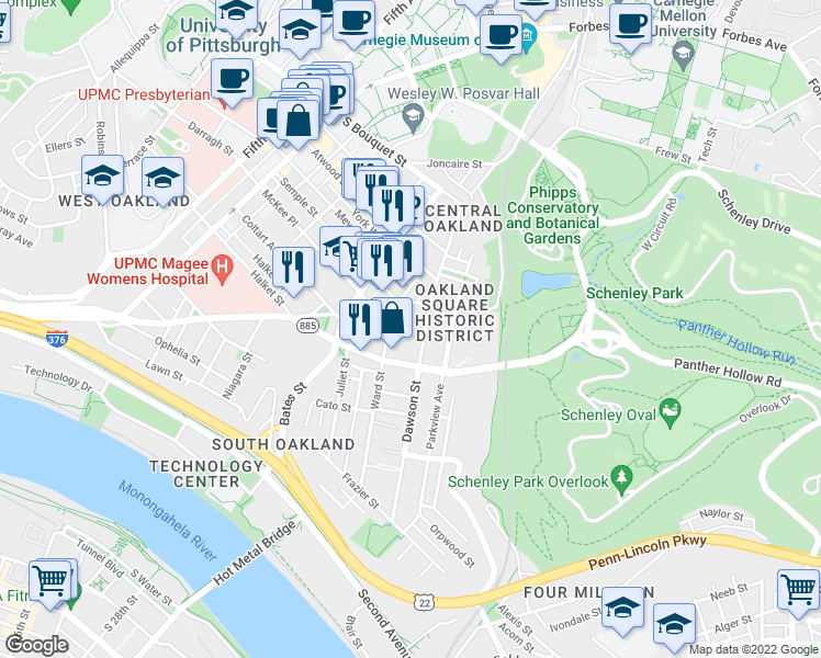 map of restaurants, bars, coffee shops, grocery stores, and more near 3435 Dawson Street in Pittsburgh