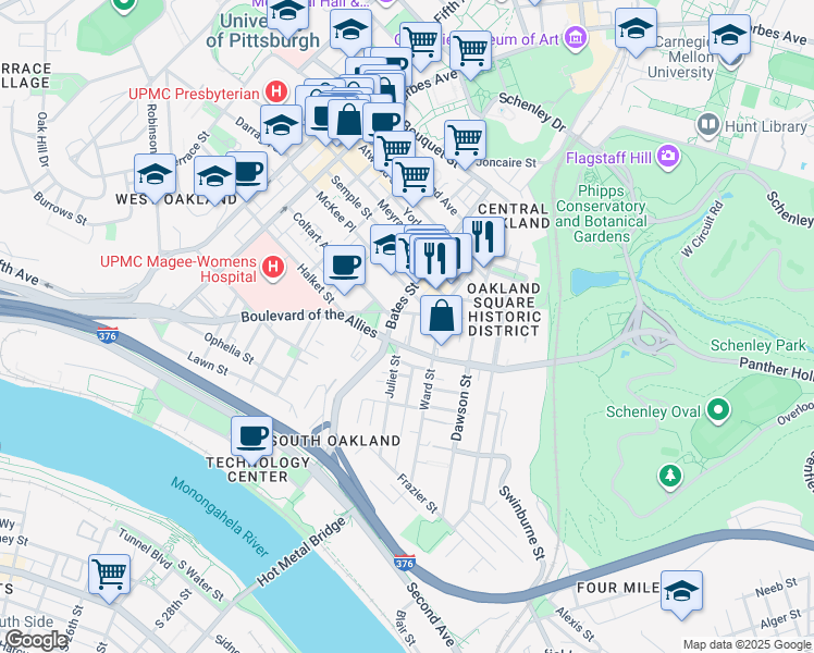 map of restaurants, bars, coffee shops, grocery stores, and more near in Pittsburgh