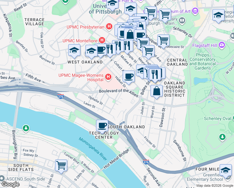 map of restaurants, bars, coffee shops, grocery stores, and more near 3330 Niagara Street in Pittsburgh