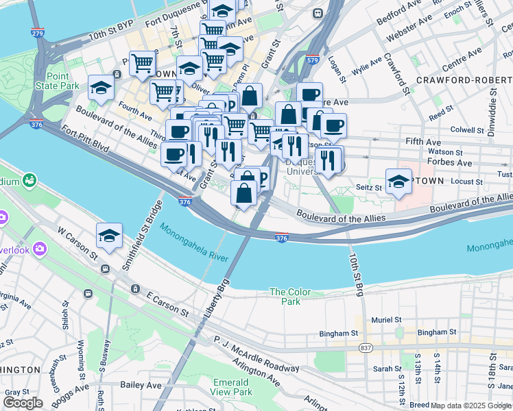 map of restaurants, bars, coffee shops, grocery stores, and more near 626 Second Avenue in Pittsburgh