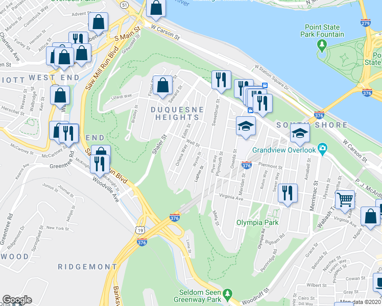 map of restaurants, bars, coffee shops, grocery stores, and more near 415 Augusta Street in Pittsburgh