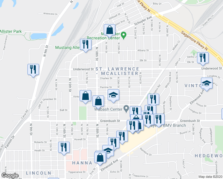 map of restaurants, bars, coffee shops, grocery stores, and more near 1915 Perrine Street in Lafayette