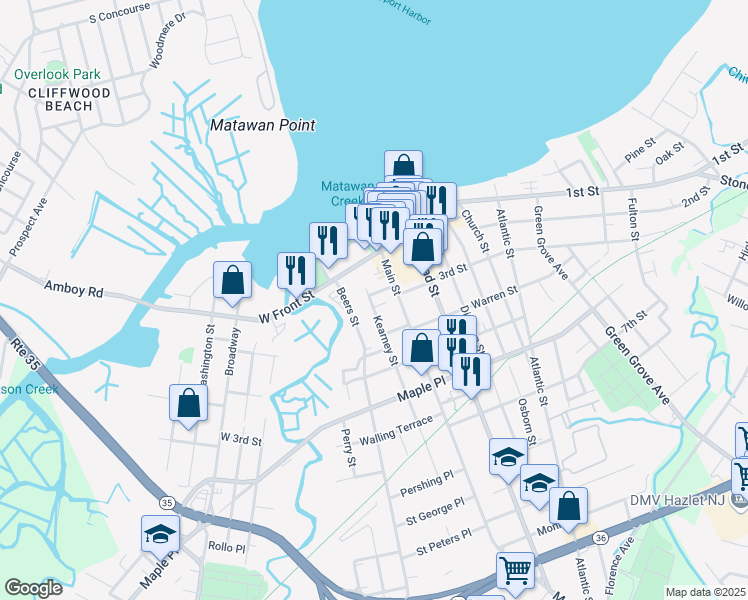 map of restaurants, bars, coffee shops, grocery stores, and more near 11 Kearney Street in Keyport