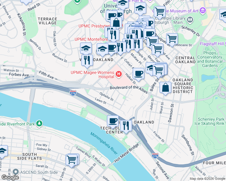 map of restaurants, bars, coffee shops, grocery stores, and more near in Pittsburgh