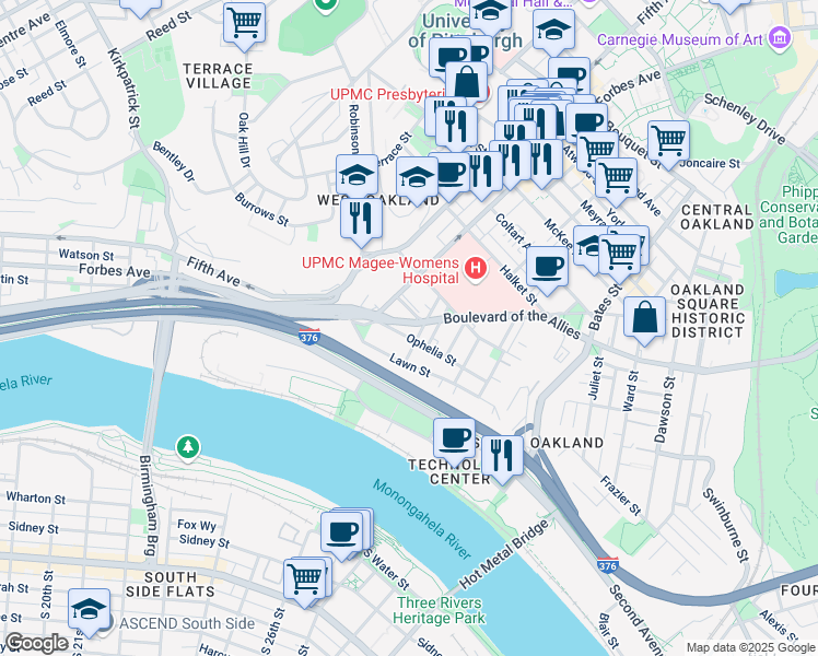 map of restaurants, bars, coffee shops, grocery stores, and more near 2848 Boulevard of the Allies in Pittsburgh