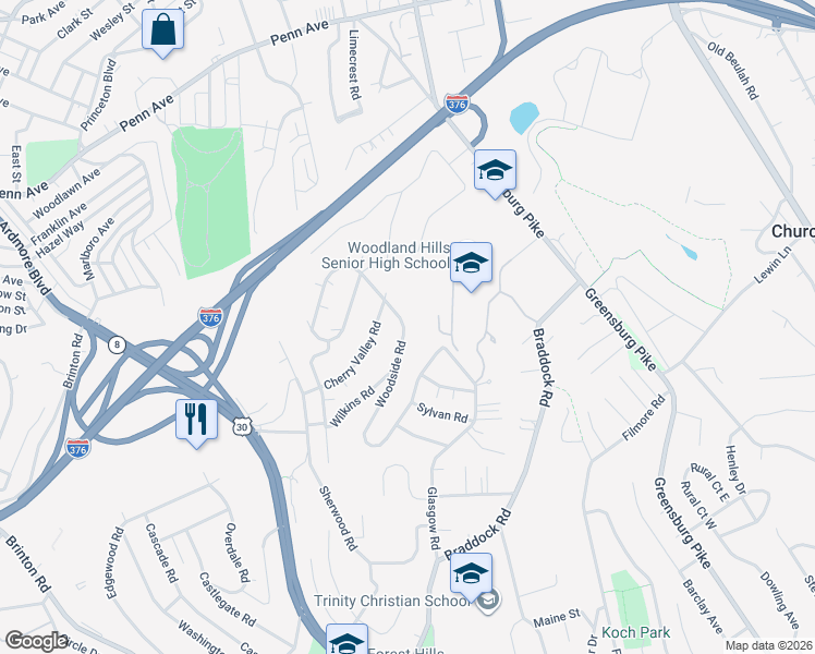 map of restaurants, bars, coffee shops, grocery stores, and more near 221 Woodside Road in Pittsburgh