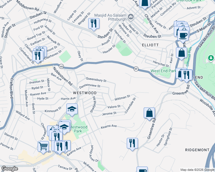 map of restaurants, bars, coffee shops, grocery stores, and more near 1126 Denisonview Street in Pittsburgh
