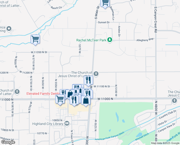 map of restaurants, bars, coffee shops, grocery stores, and more near 5284 West 11200 North in Highland