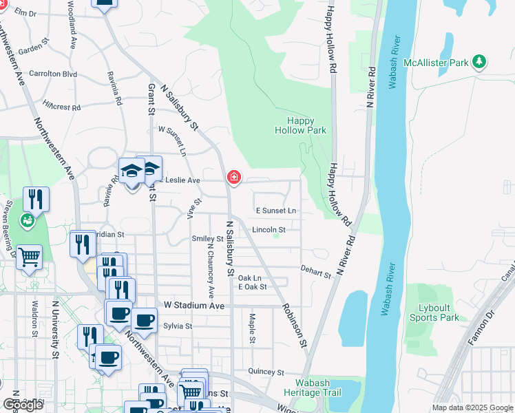 map of restaurants, bars, coffee shops, grocery stores, and more near 1006 Sunset Ct in West Lafayette