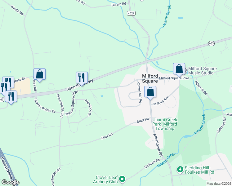 map of restaurants, bars, coffee shops, grocery stores, and more near 2009 Clover Mill Road in Quakertown