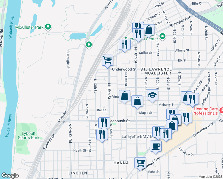 map of restaurants, bars, coffee shops, grocery stores, and more near 1827 North 15th Street in Lafayette