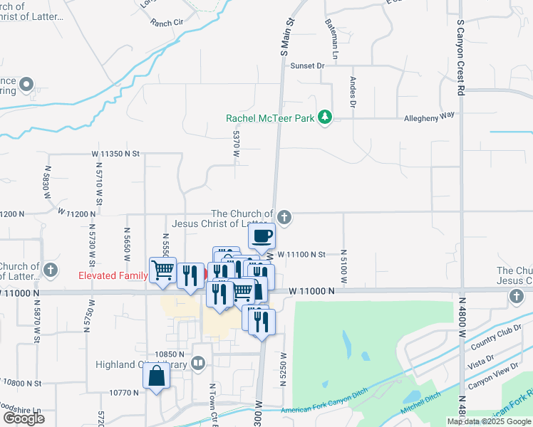 map of restaurants, bars, coffee shops, grocery stores, and more near 5284 West 11200 North in Highland